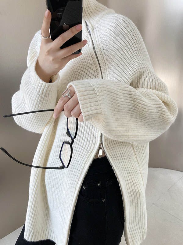 Long Sleeves Loose Split-Joint Split-Side Zipper High Neck Sweater Tops