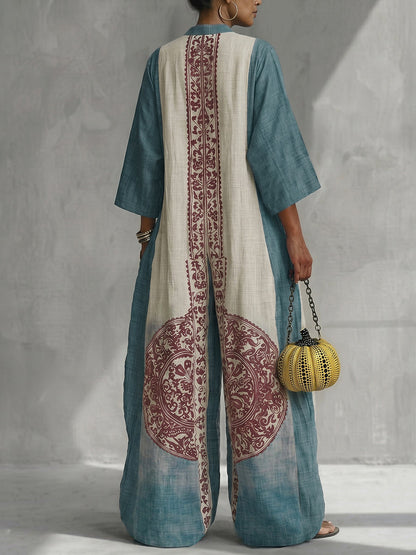 Loose Three-Quarter Sleeves Contrast Color Ethnic Printed Pockets V-Neck Jumpsuits