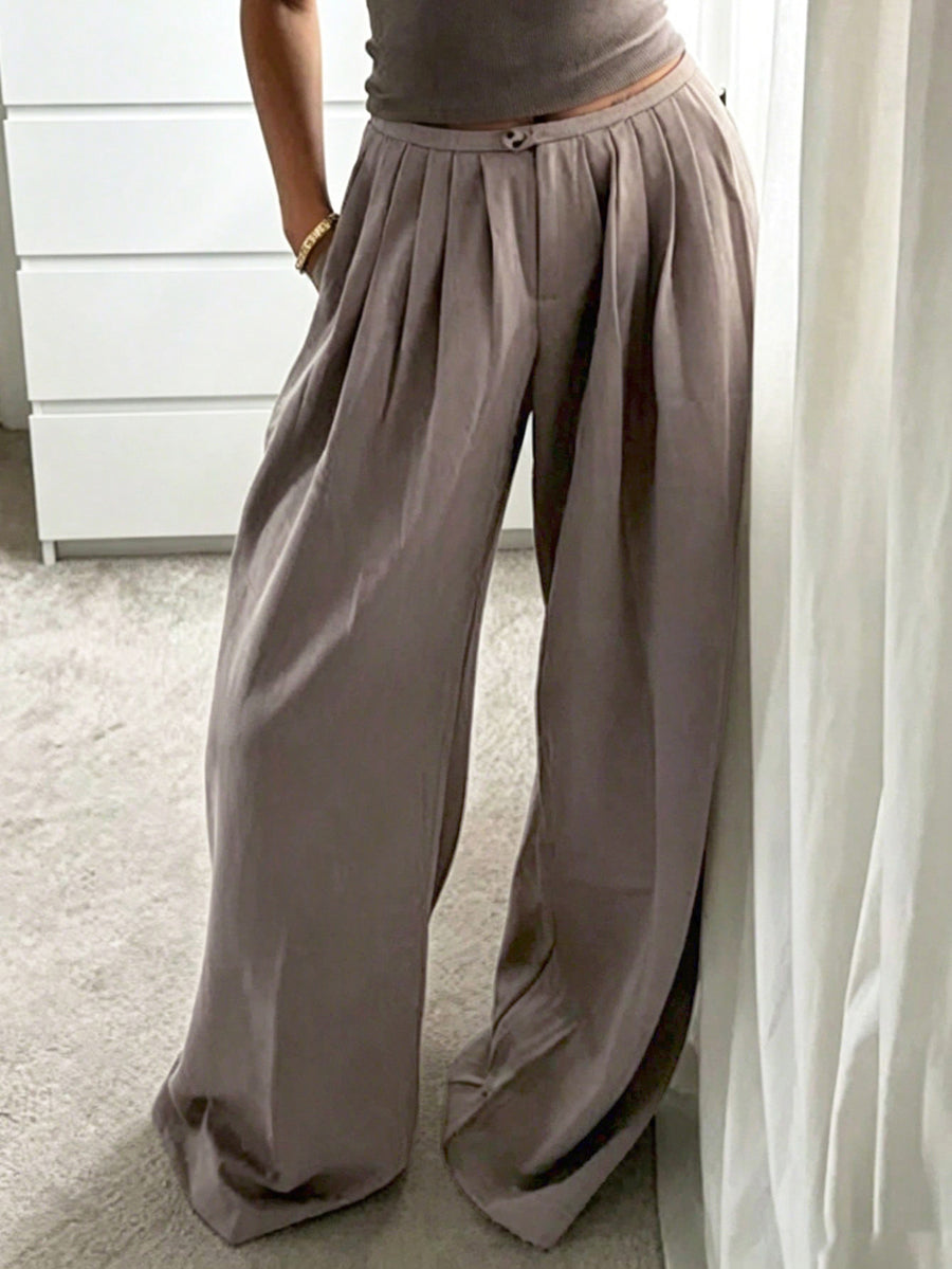 Solid Color Pleated Wide Leg High Waisted Trousers Pants
