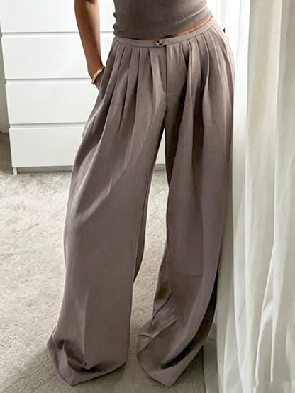 Solid Color Pleated Wide Leg High Waisted Trousers Pants