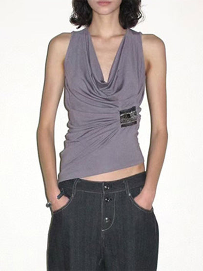 Loose Sleeveless Pleated Solid Color Heaps Collar Tank Top