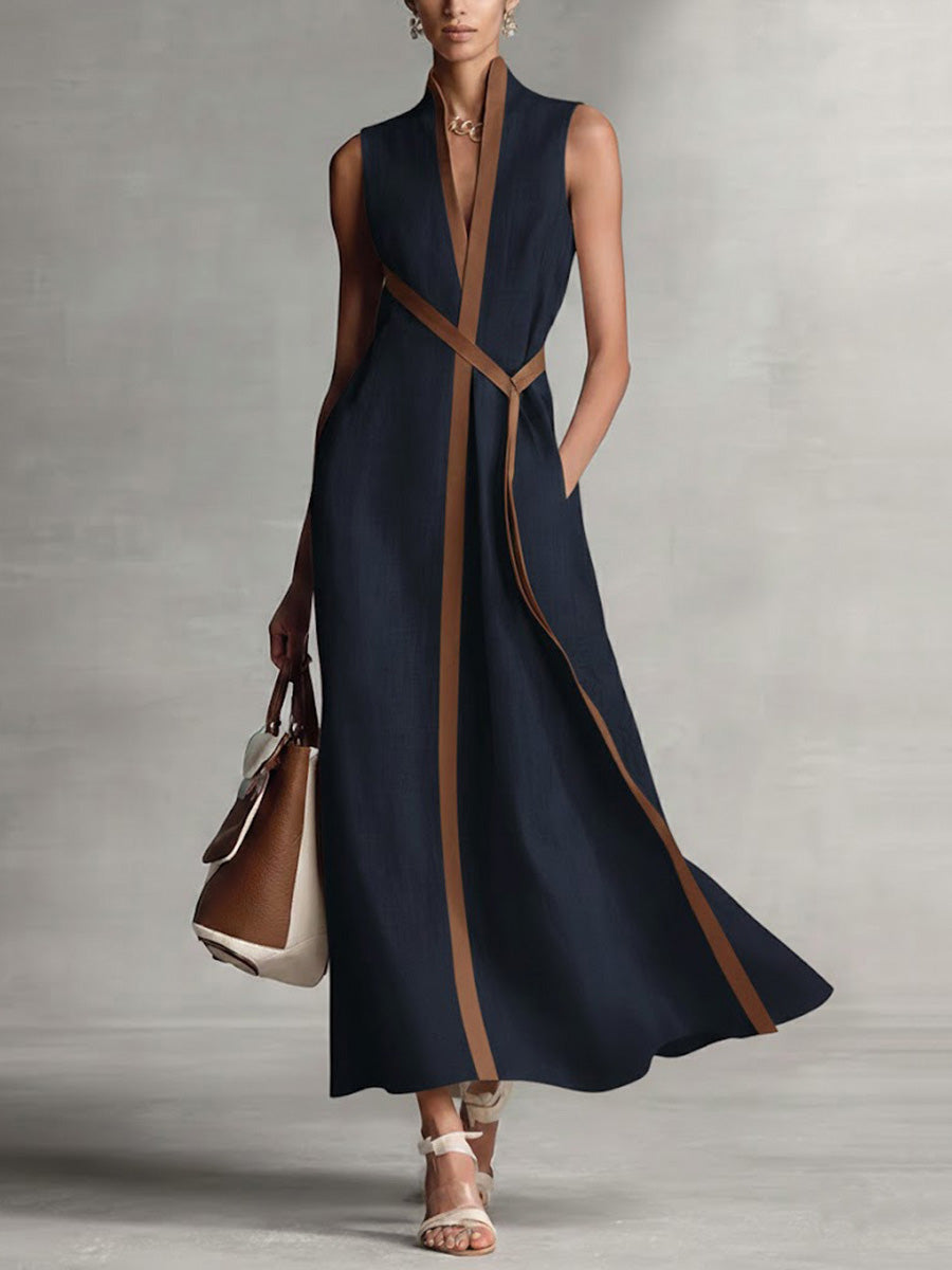 Loose Sleeveless Contrast Color Pockets Round-Neck Maxi Dresses