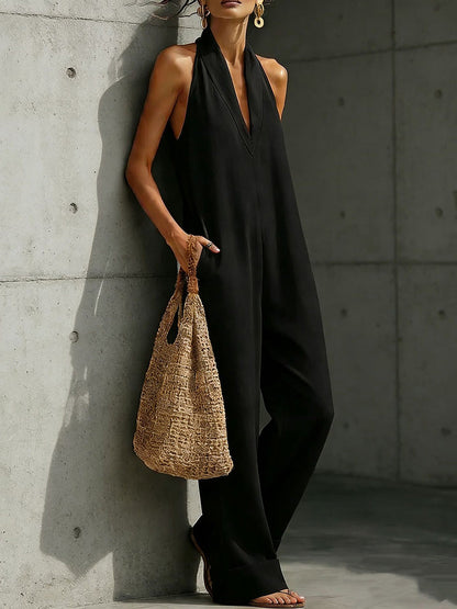High Waisted Sleeveless Pockets Solid Color V-Neck Jumpsuits