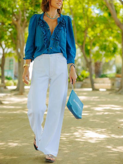 Solid Color Ruffle Trim Buttoned Three-quarter Sleeves Loose Round-neck Blouses&shirts Tops