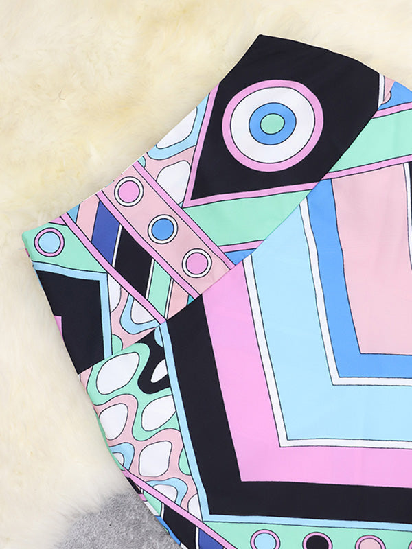 Buttoned Printed Lapel Blouses&Shirts Tops + Bodycon High Waisted Skirts Bottom Two Pieces Set