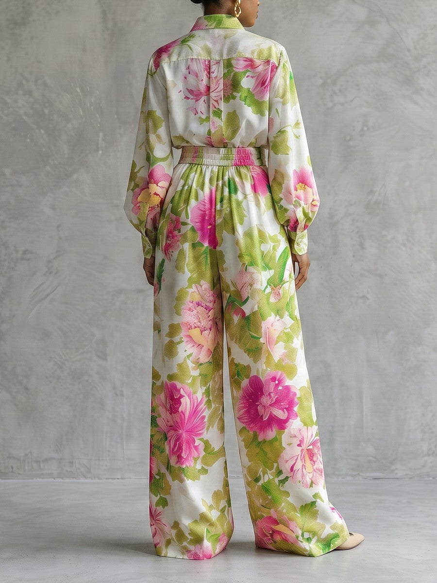 Pockets Pleated Flower Print Elasticity Contrast Color Wide Leg Loose Trousers Pants