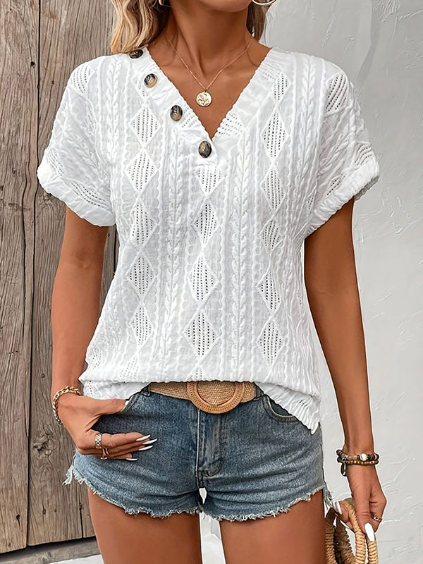 Loose Short Sleeves Buttoned Solid Color V-Neck T-Shirts Tops