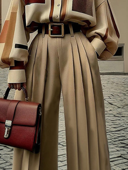 High Waisted Wide Leg No Belt Pleated Pockets Solid Color Pants Trousers