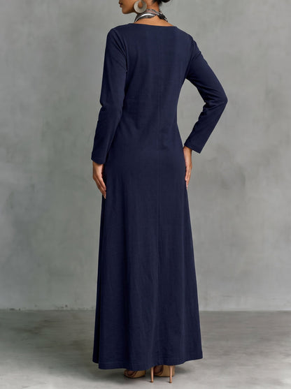 Split-side Pockets Contrast Color Loose Long Sleeves Square-neck Maxi Dresses