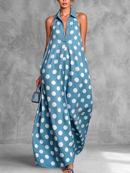 A-Line Loose Buttoned Contrast Color Pleated Polka Dot Lapel Maxi Dresses