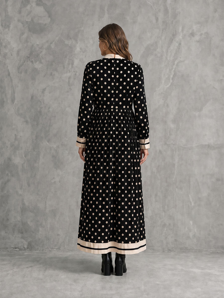 Zipper Split-Joint Polka-Dot Pockets Contrast Color Buttoned Loose Long Sleeves Round-neck Maxi Dresses