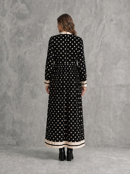 Zipper Split-Joint Polka-Dot Pockets Contrast Color Buttoned Loose Long Sleeves Round-neck Maxi Dresses
