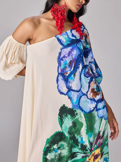Loose Puff Sleeves Asymmetric Contrast Color Elasticity Flower Print Split-Joint One-Shoulder Maxi Dresses