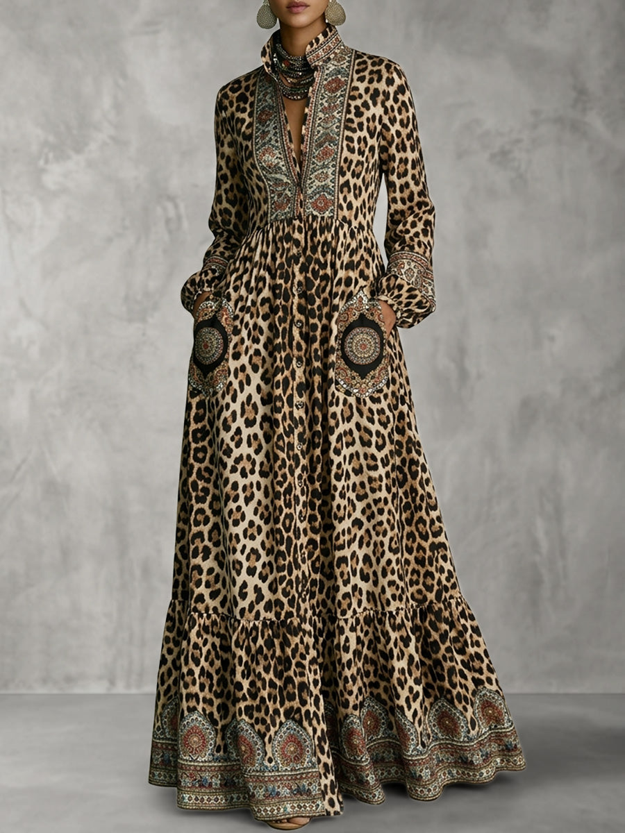 A-Line High Waisted Buttoned Contrast Color Leopard Pockets Printed Split-Joint Stand Collar Maxi Dresses