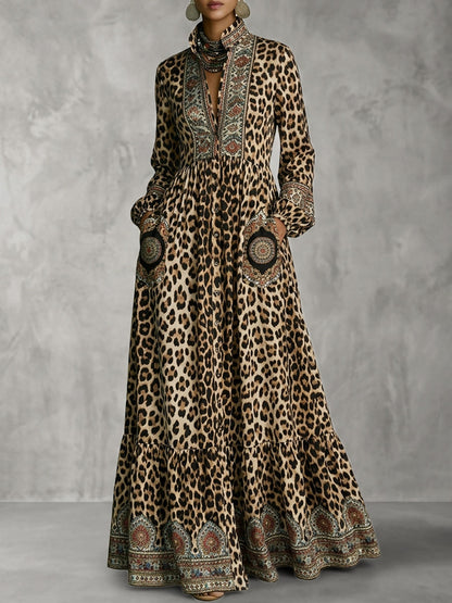 A-Line High Waisted Buttoned Contrast Color Leopard Pockets Printed Split-Joint Stand Collar Maxi Dresses