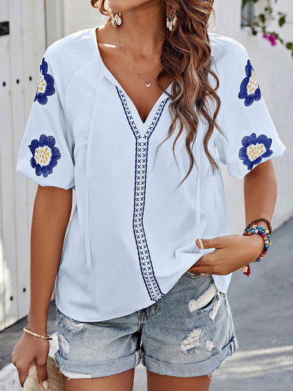 Half Sleeves Loose Contrast Color Embroidered Tied V-Neck Blouses&Shirts Tops