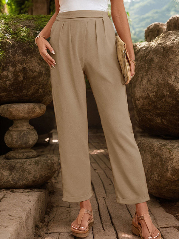 High Waisted Loose Elasticity Pleated Solid Color Pants Trousers