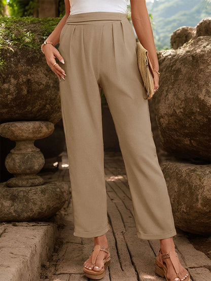 High Waisted Loose Elasticity Pleated Solid Color Pants Trousers