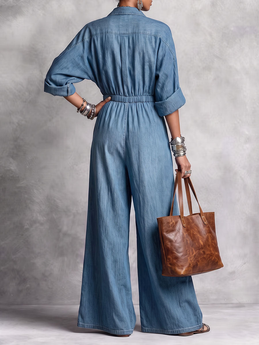 Solid Color Pockets Elasticity Buttoned Wide Leg Three-quarter Sleeves Lapel Jumpsuits
