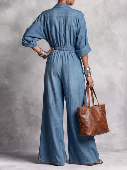 Solid Color Pockets Elasticity Buttoned Wide Leg Three-quarter Sleeves Lapel Jumpsuits