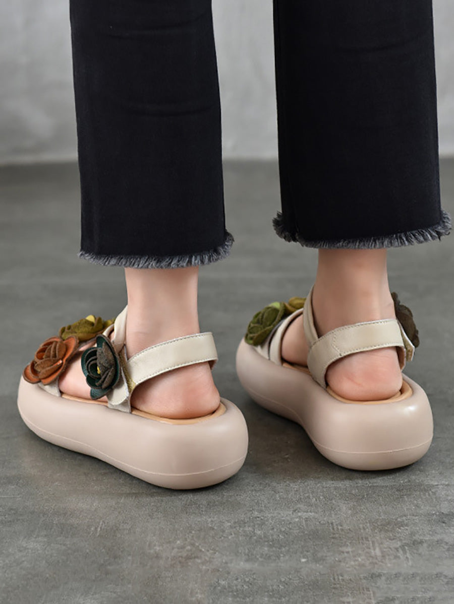 Women Vintage Leather FLower Platform Sandals
