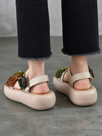 Women Vintage Leather FLower Platform Sandals