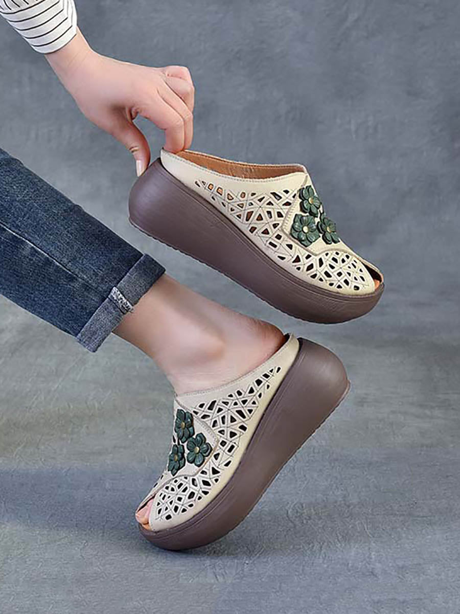 Women Ethnic Flower Leather Hollow Out Platfrom Slippers