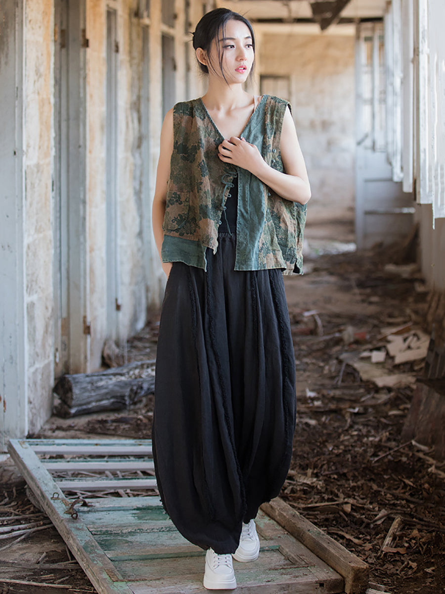 Women Summer Retro Solid Raw-edge Spliced Loose Bloomers