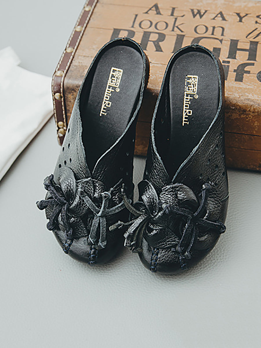 Women Vintage Leather Flower Low Heel Slippers