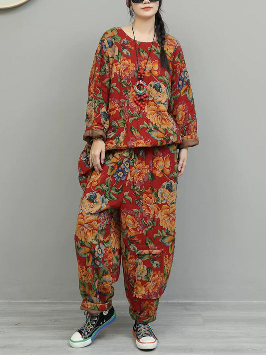 Women Vintage Winter Flower Cotton Padded Suits