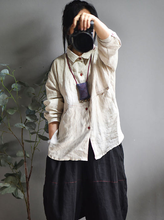 Plus Size Women Casual Solid Spring Stitching Linen Shirt