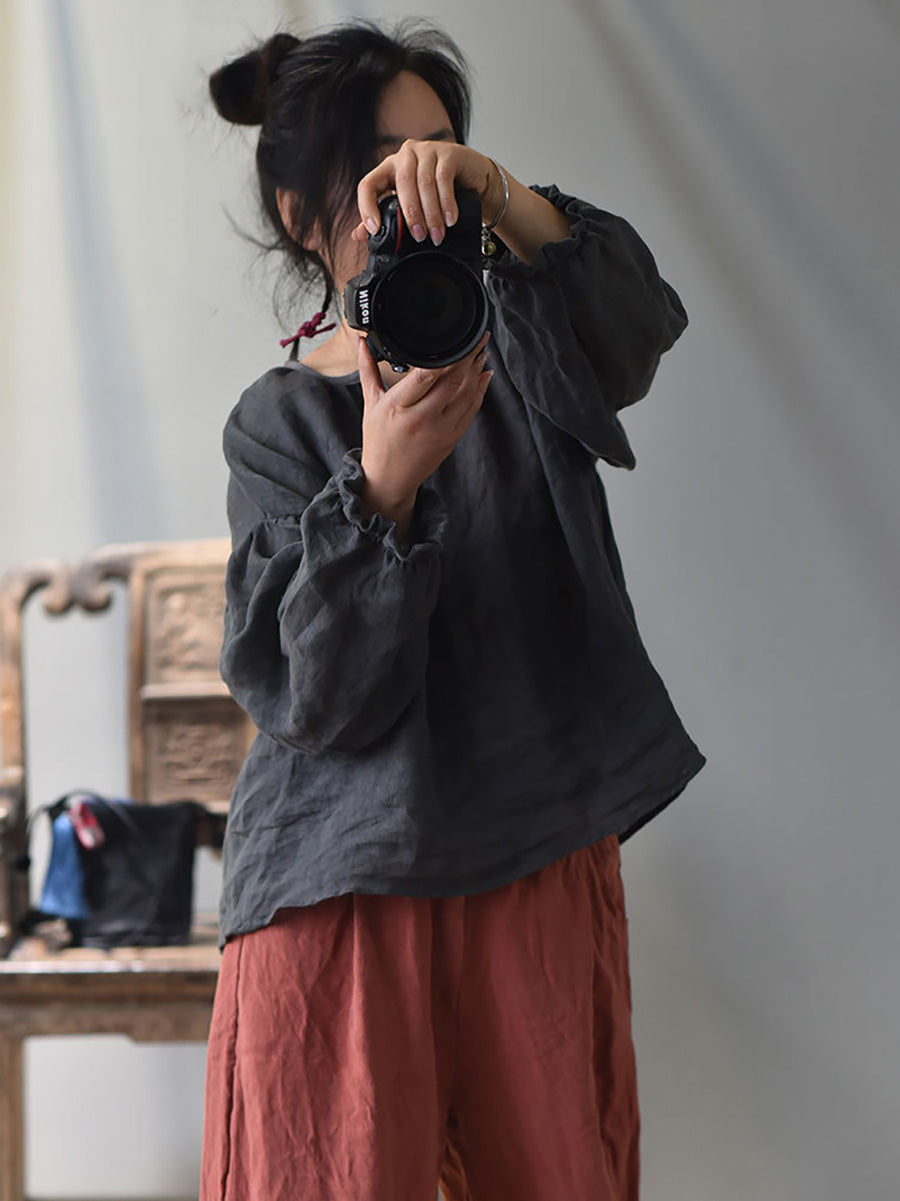 Plus Size Women Spring Retro V-Neck Puff Sleeve Shirt