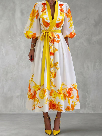 Loose Puff Sleeves Contrast Color Elasticity Flower Print Tied Waist Deep V-Neck Midi Dresses