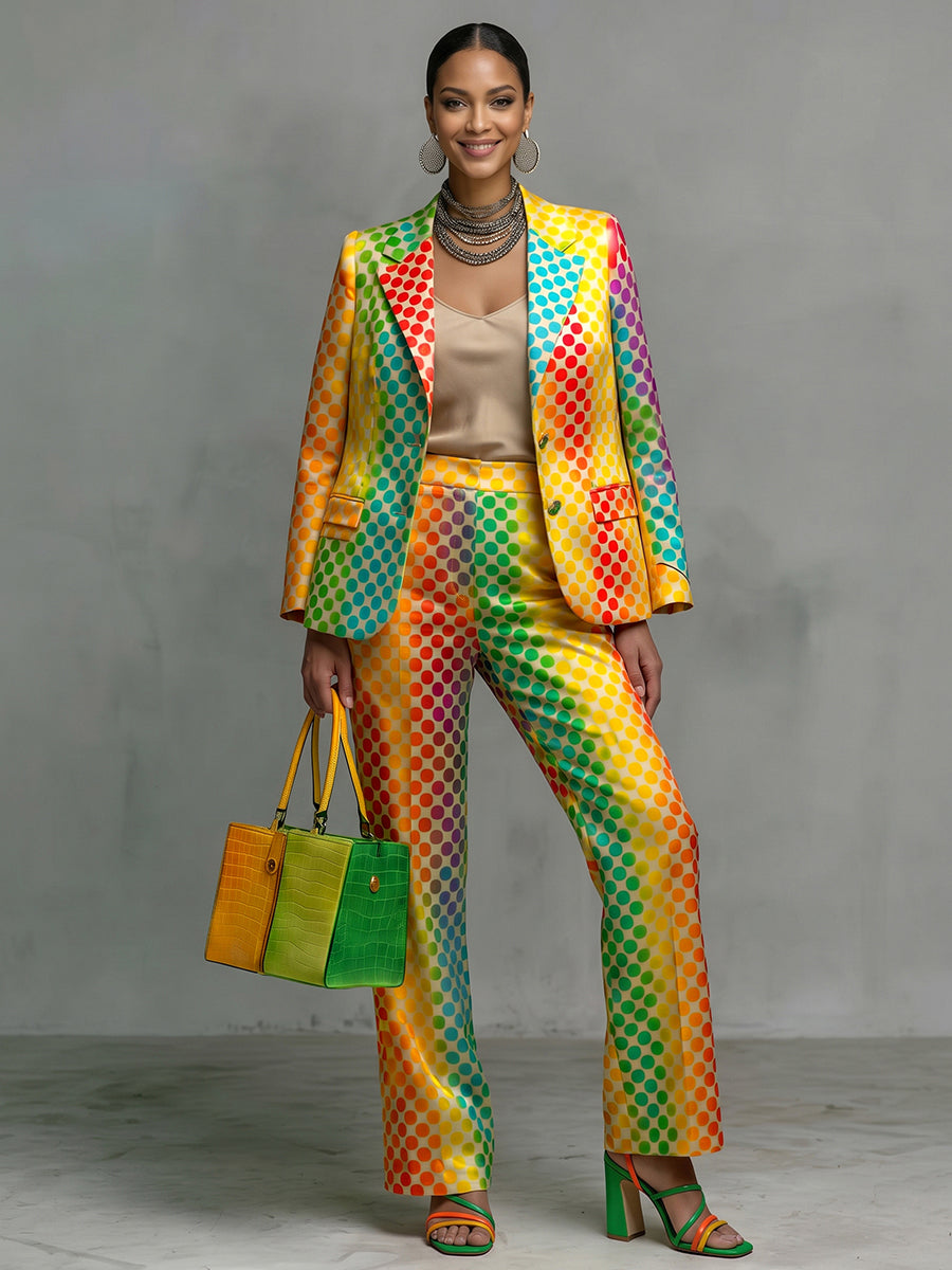 Polka-Dot No Belt Contrast Color Colorful Long Sleeves Notched Collar Outerwear Blazer