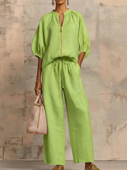 Half Sleeves Loose Drawstring Elasticity Pockets Solid Color Zipper Round-Neck Blouses&Shirts Tops Pants Trousers Two Pieces Set