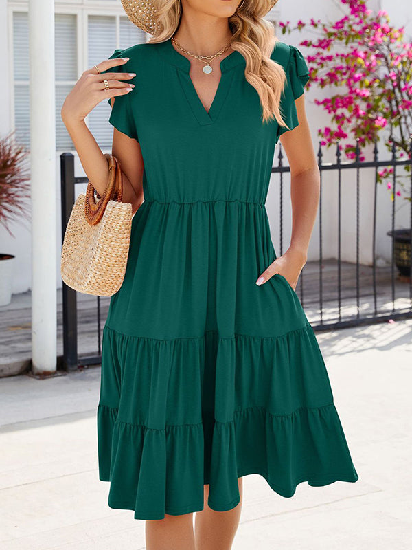 Loose Ruffle Sleeves Pleated Pockets Solid Color Split-Joint V-Neck Midi Dresses