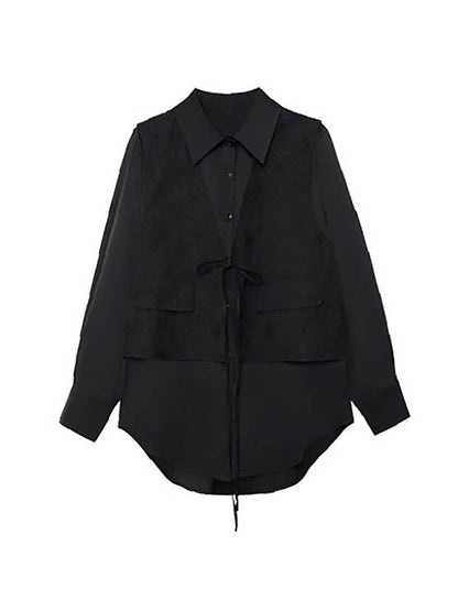 Solid Color Split-Joint Asymmetric Drawstring Flower Print   False Two Lapel Buttoned Pockets Blouses&Shirts Tops + Elasticated Waist Double Layered Skirts Bottoms Two Pieces Set