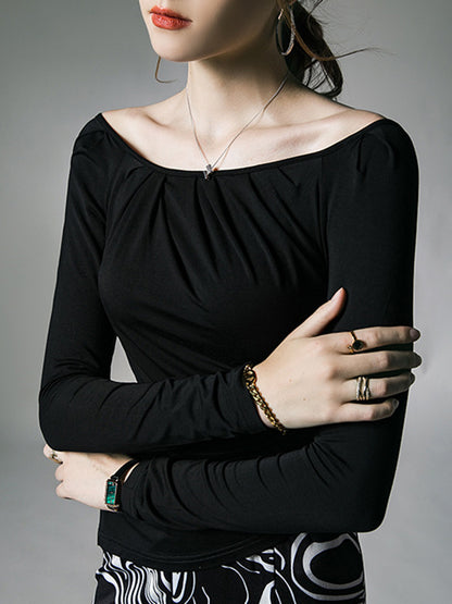 Long Sleeves Skinny Asymmetric Pleated Solid Color One-Shoulder T-Shirts Tops