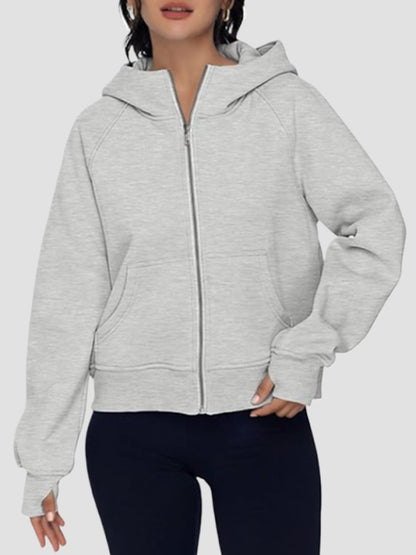 Hooded Long Sleeves Pockets Solid Color Zipper Jackets Outerwear