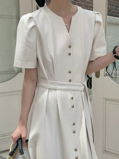 A-Line Loose Buttoned Solid Color Split-Joint Tied Waist V-Neck Midi Dresses