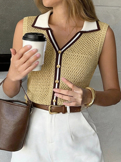 Loose Sleeveless Buttoned Contrast Color Lapel Vest Top