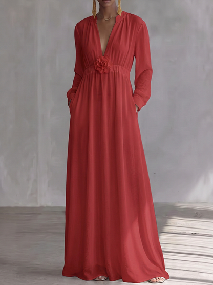 High Waisted Long Sleeves Elasticity Pleated Pockets Solid Color Three-Dimensional Flower V-Neck Maxi Dresses