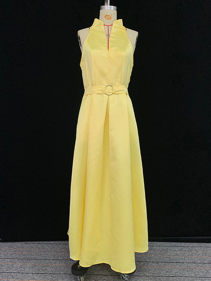A-Line Loose Belted Pleated Pockets Solid Color V-Neck Midi Dresses