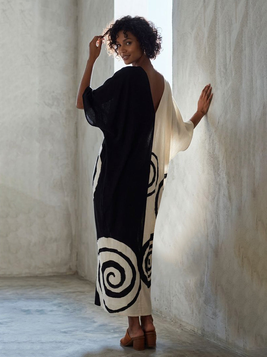 Printed Contrast Color Three-quarter Sleeves Loose Deep V-Neck Midi Dresses