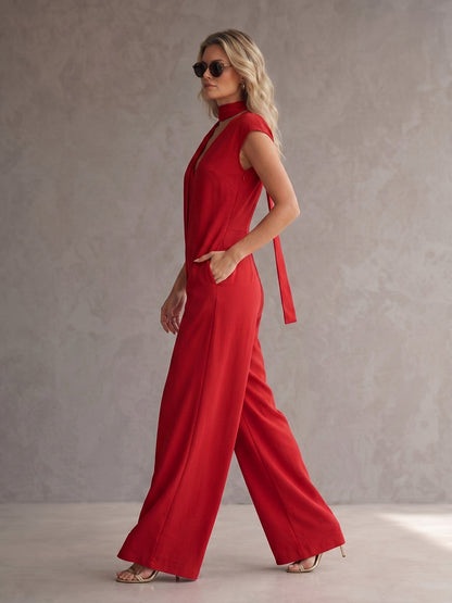 Loose Wide Leg Pockets Solid Color Streamer Deep V-Neck Jumpsuits