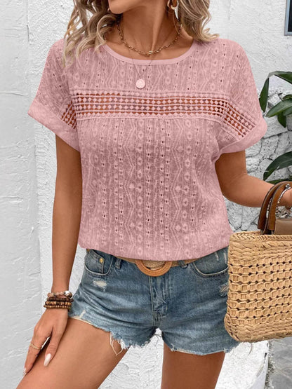 Loose Short Sleeves Hollow Print Solid Color Split-Joint Textured Round-Neck Blouses&Shirts Tops