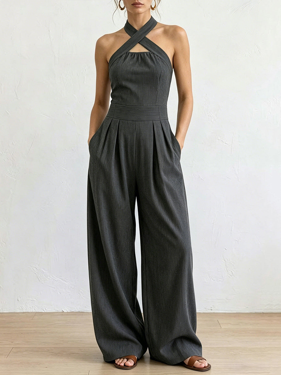 High Waisted Plus Size Pleated Pockets Solid Color Halter-Neck Jumpsuits