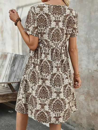 A-Line High Waisted Buttoned Pleated Printed Split-Joint V-Neck Mini Dresses
