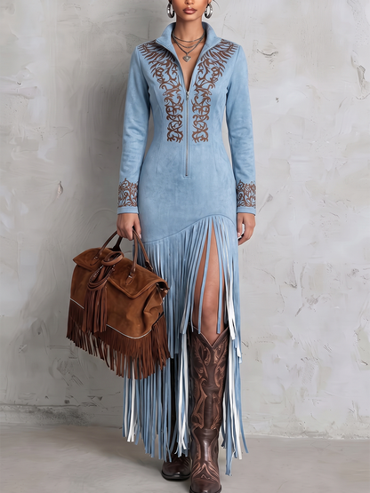 Zipper Tasseled Split-Joint Printed Contrast Color Long Sleeves Irregularity V-neck Maxi Dresses