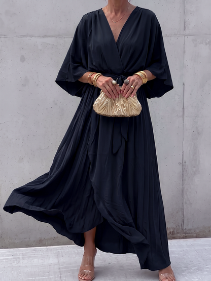Tied Solid Color See-Through Pleated Asymmetric Plus Size Long Sleeves V-neck Maxi Dresses
